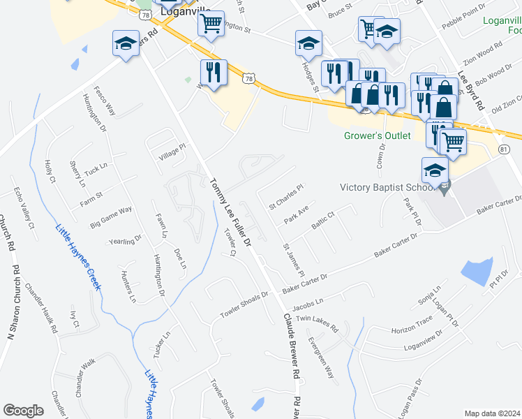 map of restaurants, bars, coffee shops, grocery stores, and more near 1227 Saint James Place in Loganville