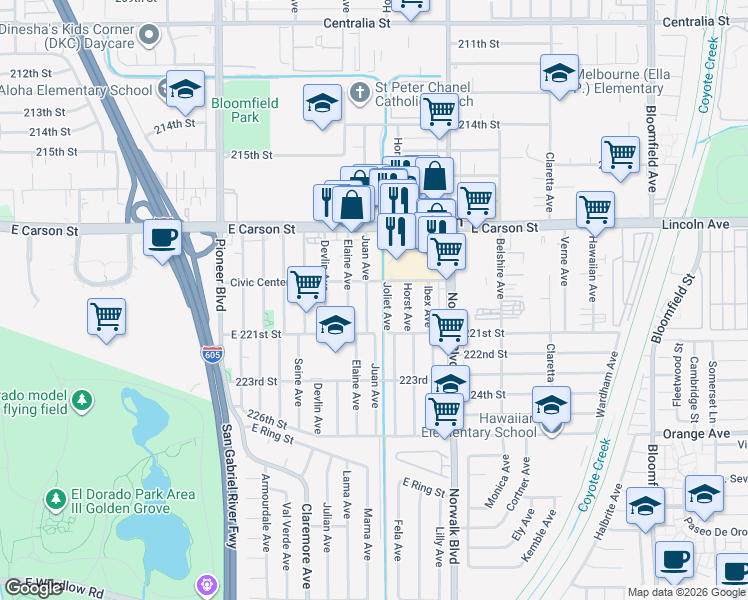 map of restaurants, bars, coffee shops, grocery stores, and more near 21918 Juan Avenue in Hawaiian Gardens