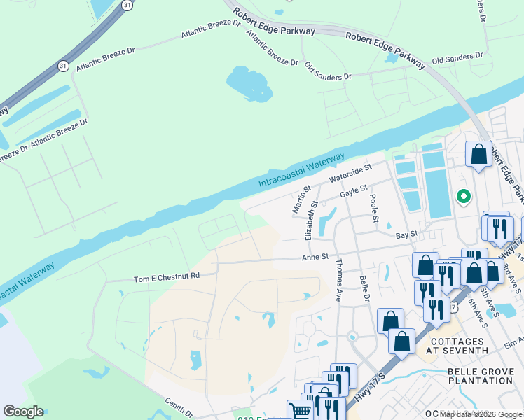 map of restaurants, bars, coffee shops, grocery stores, and more near 1020 Ridgewood Drive in North Myrtle Beach