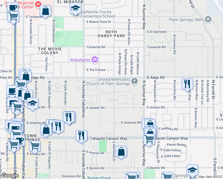 map of restaurants, bars, coffee shops, grocery stores, and more near 415 North Hermosa Drive in Palm Springs