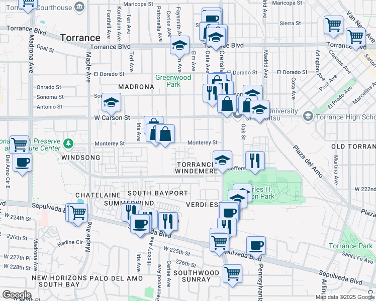 map of restaurants, bars, coffee shops, grocery stores, and more near 2595 Plaza del Amo in Torrance