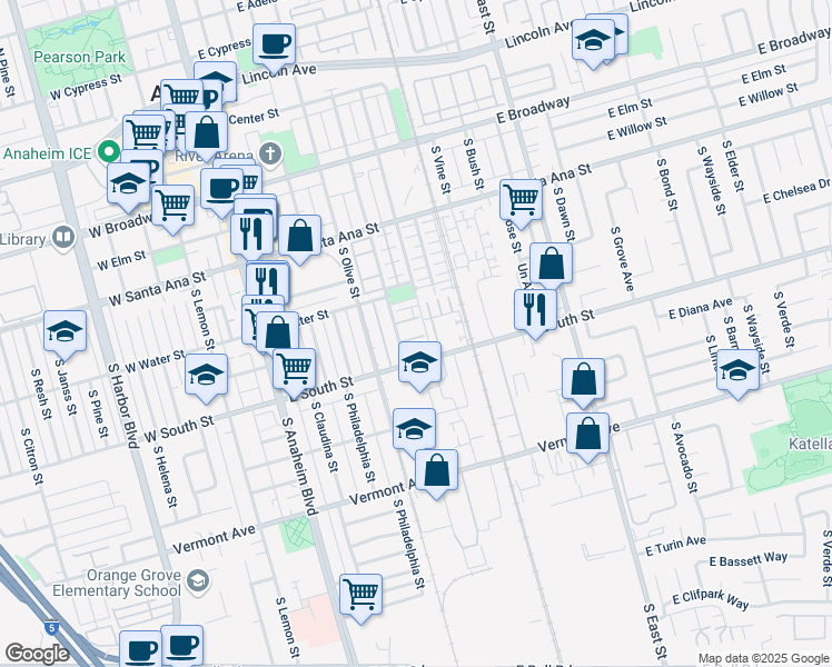 map of restaurants, bars, coffee shops, grocery stores, and more near 678 East Valencia Street in Anaheim
