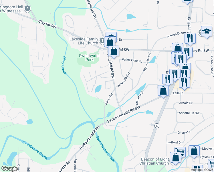 map of restaurants, bars, coffee shops, grocery stores, and more near 5144 Lakeview Court in Austell