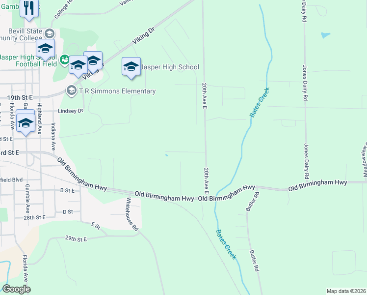 map of restaurants, bars, coffee shops, grocery stores, and more near 1802 Devon Drive in Jasper