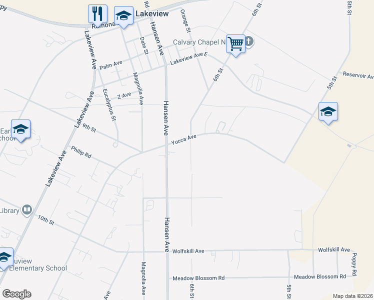 map of restaurants, bars, coffee shops, grocery stores, and more near 20095 6th Street in Nuevo