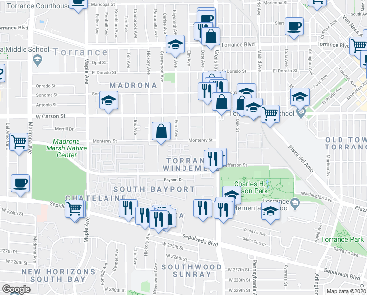 map of restaurants, bars, coffee shops, grocery stores, and more near 2595 Plaza del Amo in Torrance