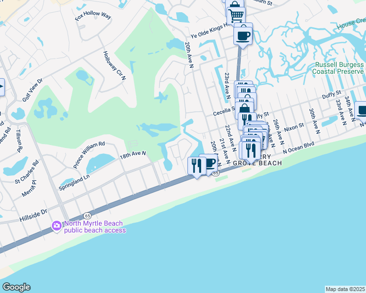 map of restaurants, bars, coffee shops, grocery stores, and more near 300 Shorehaven Drive in North Myrtle Beach