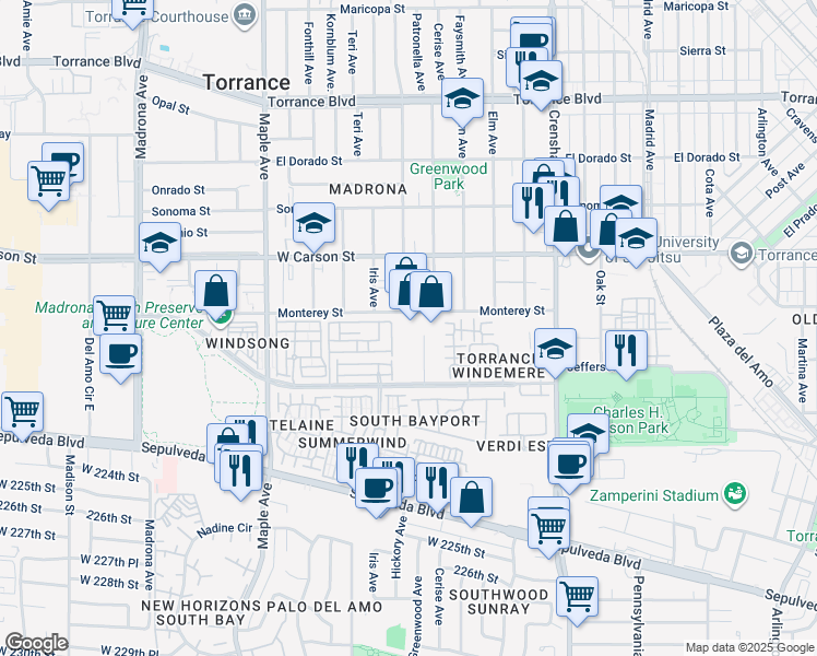 map of restaurants, bars, coffee shops, grocery stores, and more near 2759 Monterey Street in Torrance