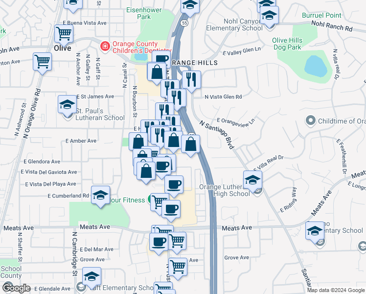 map of restaurants, bars, coffee shops, grocery stores, and more near 1800 East Heim Avenue in Orange