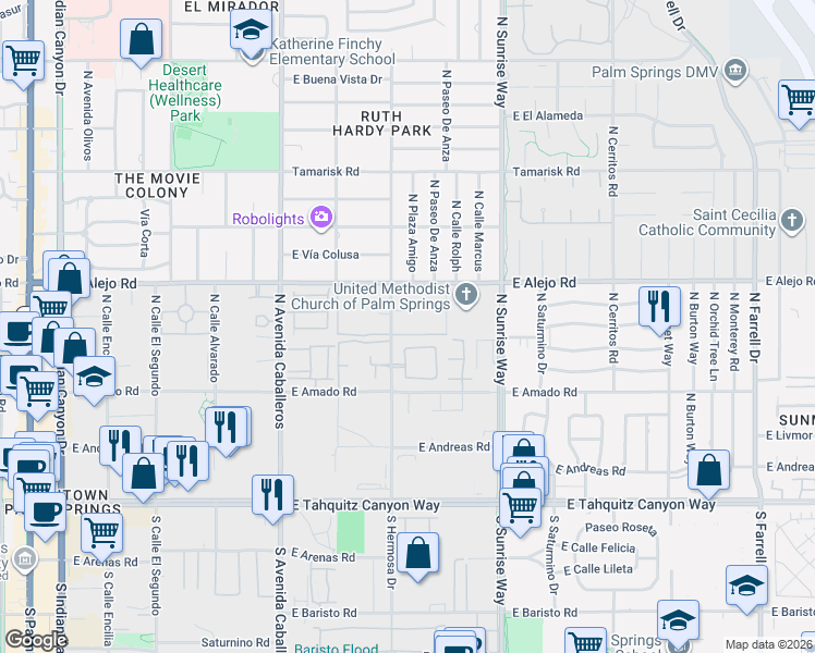 map of restaurants, bars, coffee shops, grocery stores, and more near 410 North Hermosa Drive in Palm Springs
