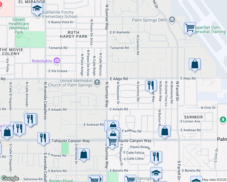 map of restaurants, bars, coffee shops, grocery stores, and more near 400 North Sunrise Way in Palm Springs