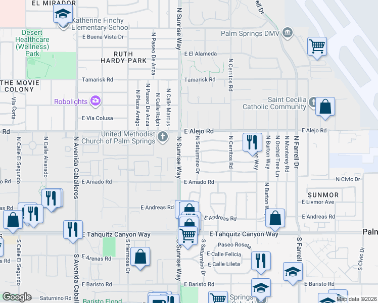 map of restaurants, bars, coffee shops, grocery stores, and more near 400 North Sunrise Way in Palm Springs