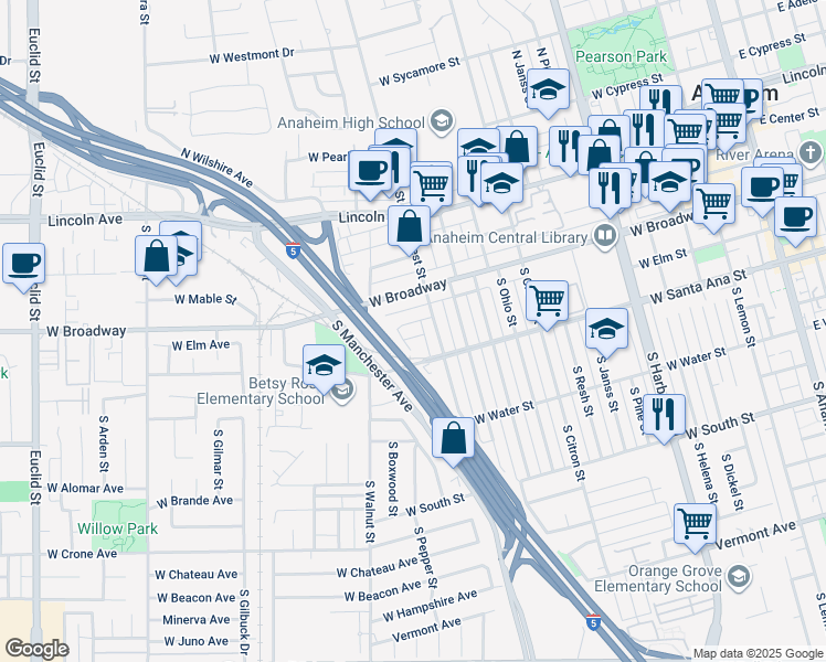 map of restaurants, bars, coffee shops, grocery stores, and more near 1121 West Fay Lane in Anaheim