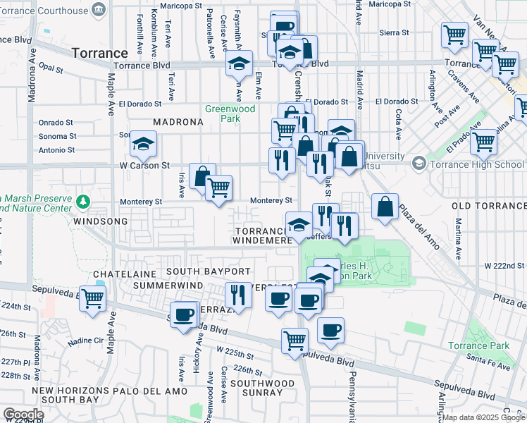 map of restaurants, bars, coffee shops, grocery stores, and more near in Torrance