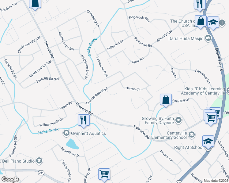 map of restaurants, bars, coffee shops, grocery stores, and more near 2784 Varlet Court Southwest in Snellville