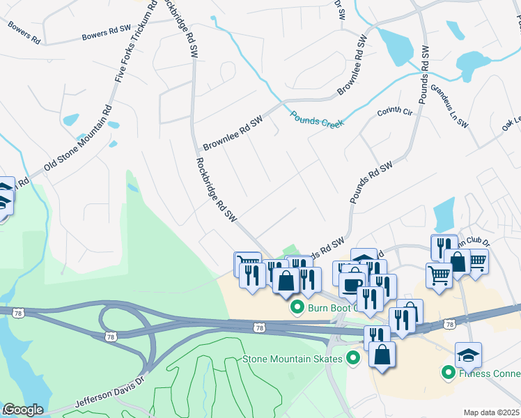map of restaurants, bars, coffee shops, grocery stores, and more near 5478 Janice Lane Southwest in Stone Mountain