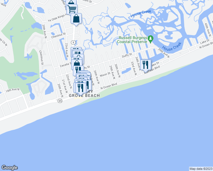 map of restaurants, bars, coffee shops, grocery stores, and more near 208 28th Avenue North in North Myrtle Beach