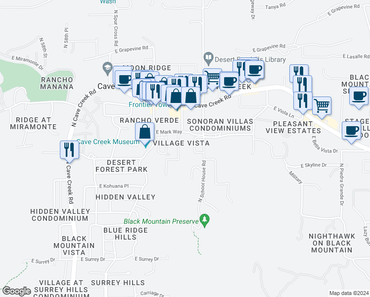 map of restaurants, bars, coffee shops, grocery stores, and more near 37819 North Linda Drive in Cave Creek