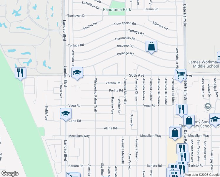 map of restaurants, bars, coffee shops, grocery stores, and more near 68350 Perlita Road in Cathedral City