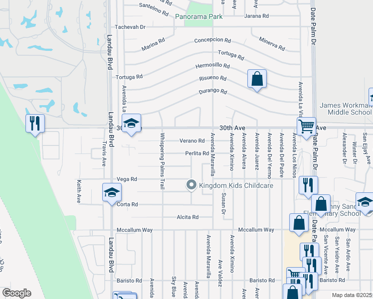 map of restaurants, bars, coffee shops, grocery stores, and more near 68350 Perlita Road in Cathedral City