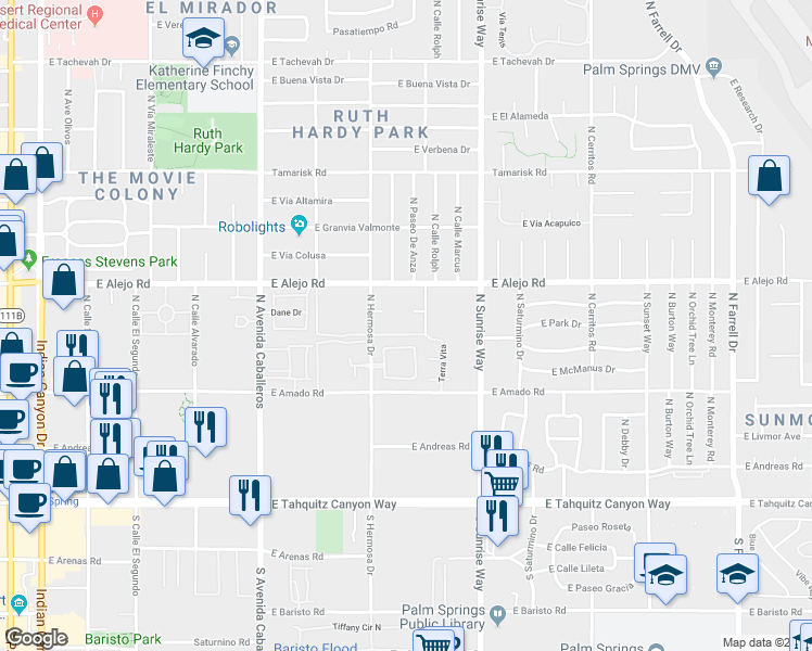 map of restaurants, bars, coffee shops, grocery stores, and more near 427 North Calle Rolph in Palm Springs