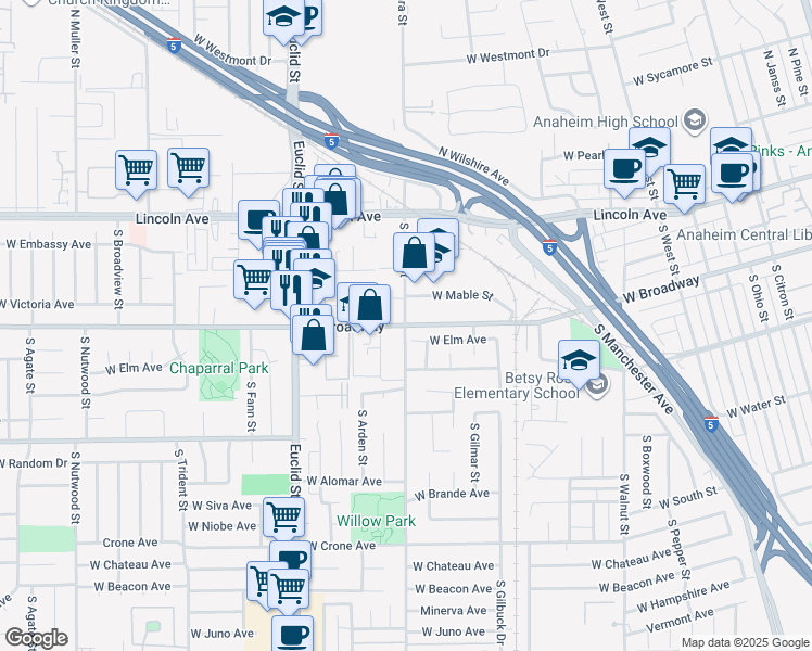 map of restaurants, bars, coffee shops, grocery stores, and more near W Broadway & S Loara St in Anaheim