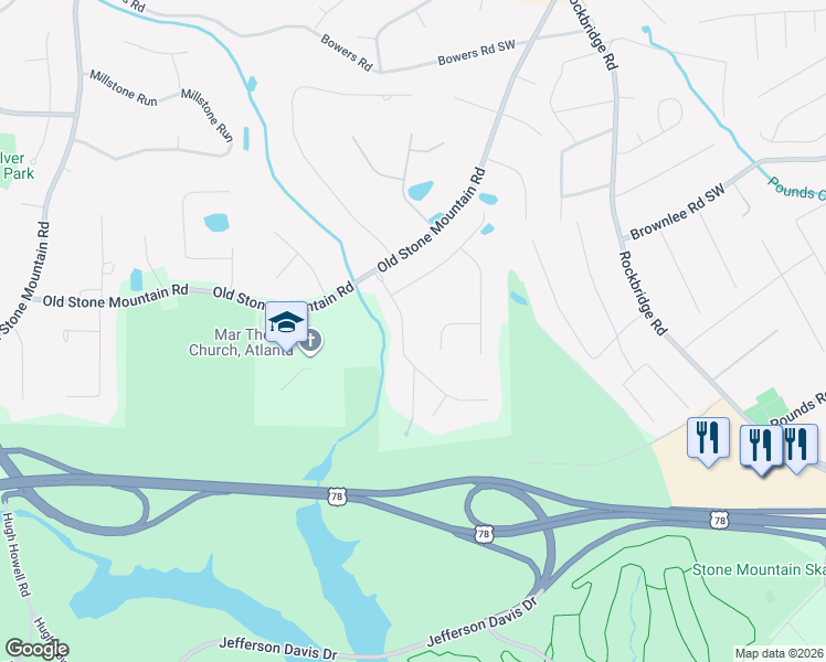 map of restaurants, bars, coffee shops, grocery stores, and more near 6174 Traveler Court in Stone Mountain