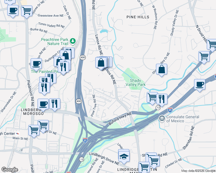 map of restaurants, bars, coffee shops, grocery stores, and more near 2760 Lenox Road Northeast in Atlanta