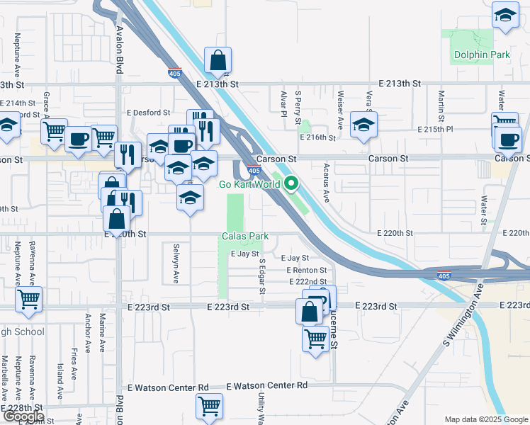 map of restaurants, bars, coffee shops, grocery stores, and more near 21908 South Edgar Street in Carson