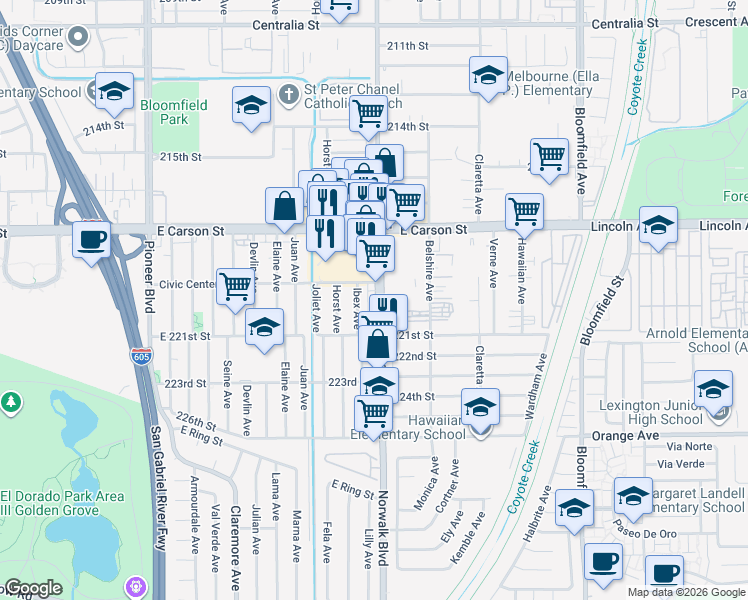 map of restaurants, bars, coffee shops, grocery stores, and more near 21902 Ibex Avenue in Hawaiian Gardens