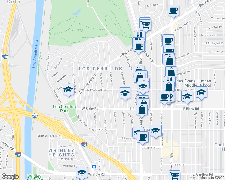 map of restaurants, bars, coffee shops, grocery stores, and more near Pine Ave & E Roosevelt Rd in Long Beach