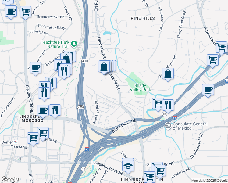 map of restaurants, bars, coffee shops, grocery stores, and more near 2760 Lenox Road Northeast in Atlanta