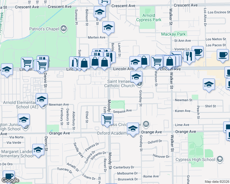 map of restaurants, bars, coffee shops, grocery stores, and more near 9142 Windsor Circle in Cypress