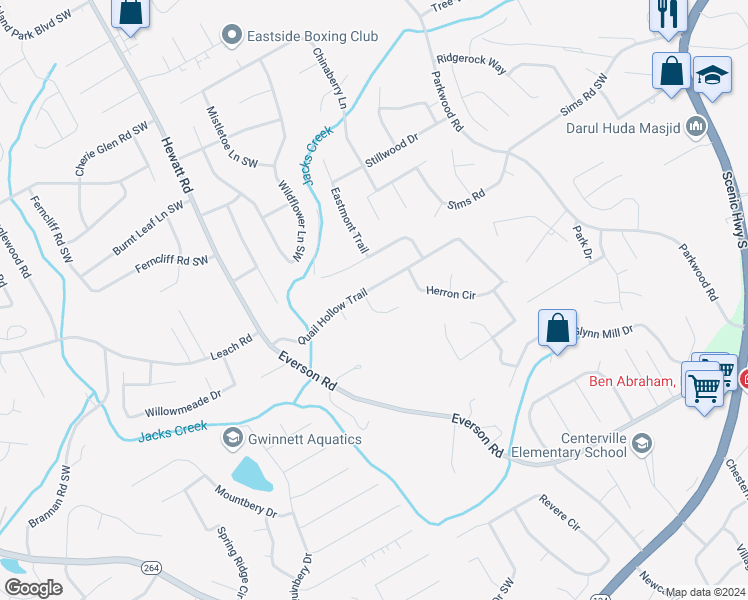 map of restaurants, bars, coffee shops, grocery stores, and more near 2734 Varlet Court Southwest in Snellville
