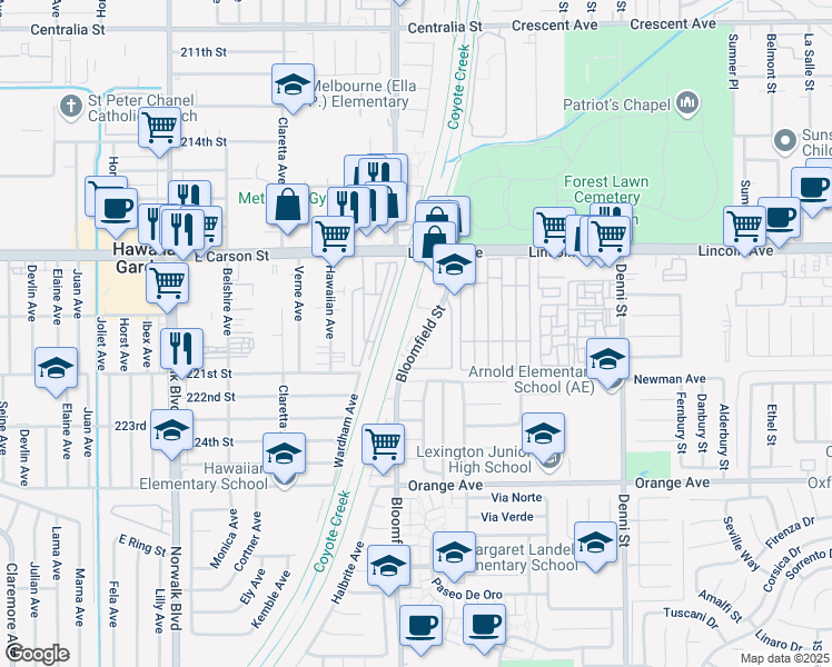 map of restaurants, bars, coffee shops, grocery stores, and more near 9181 Bloomfield Street in Cypress