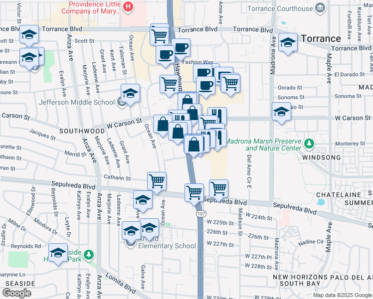 map of restaurants, bars, coffee shops, grocery stores, and more near 21841 Hawthorne Boulevard in Torrance