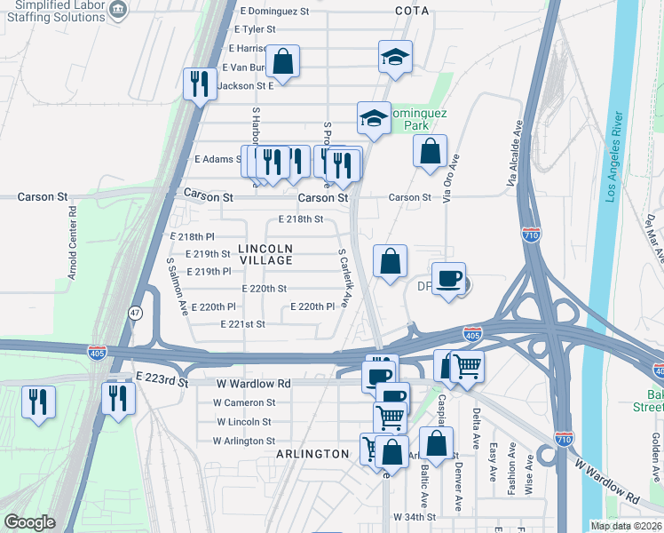 map of restaurants, bars, coffee shops, grocery stores, and more near 2743 East 219th Place in Carson