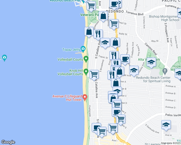 map of restaurants, bars, coffee shops, grocery stores, and more near Esplanade & Knob Hill Avenue in Redondo Beach