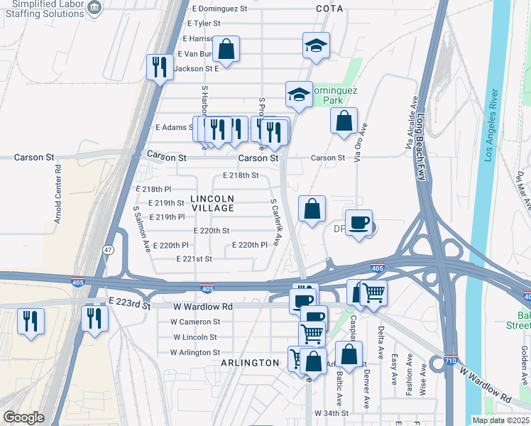 map of restaurants, bars, coffee shops, grocery stores, and more near 2743 East 219th Place in Carson
