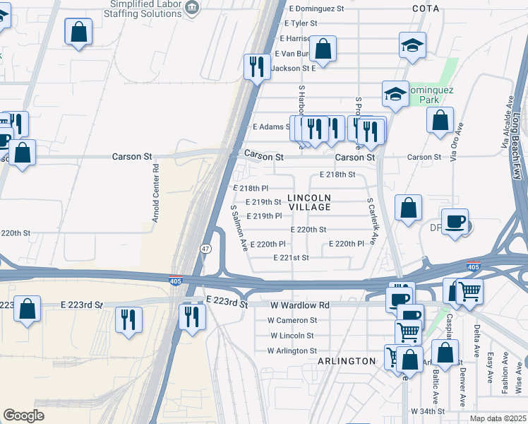 map of restaurants, bars, coffee shops, grocery stores, and more near 2539 East 219th Place in Long Beach