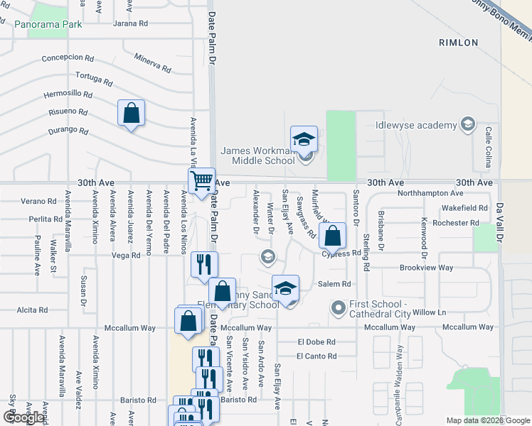 map of restaurants, bars, coffee shops, grocery stores, and more near 30193 Winter Drive in Cathedral City