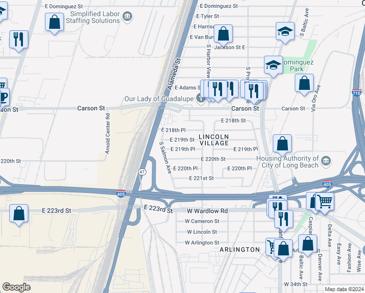 map of restaurants, bars, coffee shops, grocery stores, and more near 2539 East 219th Place in Long Beach