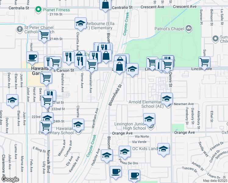 map of restaurants, bars, coffee shops, grocery stores, and more near 9181 Bloomfield Avenue in Cypress