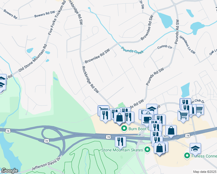 map of restaurants, bars, coffee shops, grocery stores, and more near 5478 Janice Lane Southwest in Stone Mountain