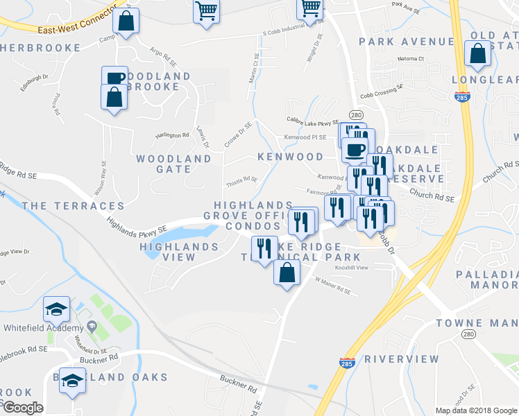 map of restaurants, bars, coffee shops, grocery stores, and more near 3836 Highlands Parkway Southeast in Smyrna