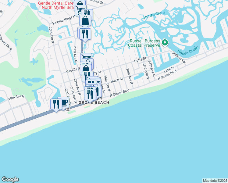 map of restaurants, bars, coffee shops, grocery stores, and more near 213 27th Avenue North in North Myrtle Beach