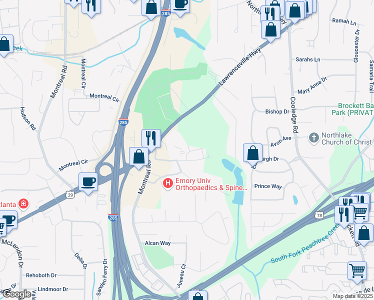 map of restaurants, bars, coffee shops, grocery stores, and more near 1616 Avery Way in Tucker