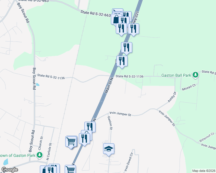 map of restaurants, bars, coffee shops, grocery stores, and more near 356 Main Street North in Gaston