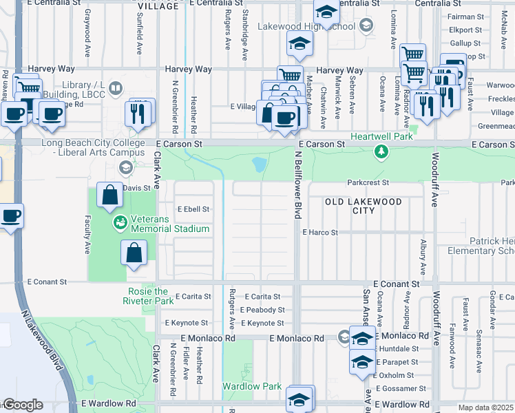 map of restaurants, bars, coffee shops, grocery stores, and more near 3903 Stearnlee Avenue in Long Beach