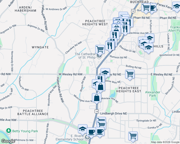map of restaurants, bars, coffee shops, grocery stores, and more near 2734 Peachtree Road in Atlanta